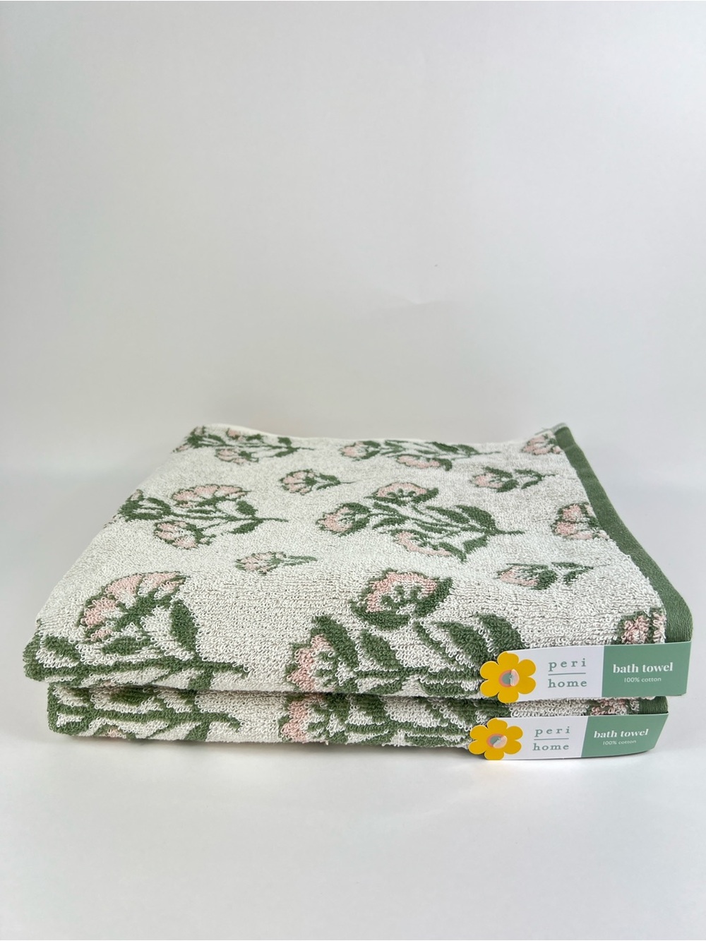 Peri Home Bath Towel Set Green Pink Off White Floral Design 100% Cotton 2 Pc NEW